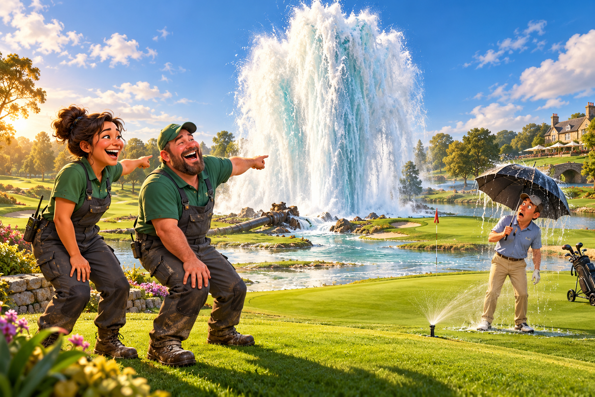 Fictional greenkeepers laugh beside a towering sprinkler burst while a golfer shelters under an umbrella.