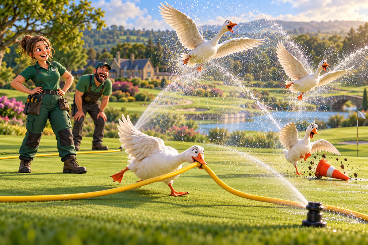 Mischievous fictional geese tug a hose, knock over a cone and fly through running sprinklers.