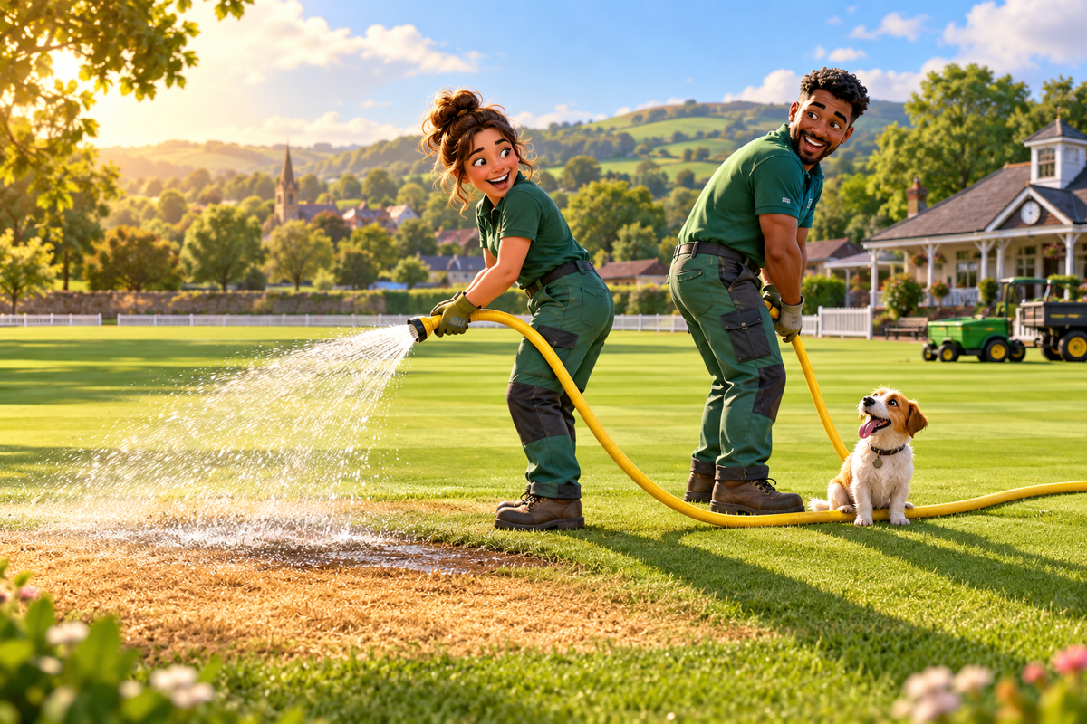 Two smiling fictional greenkeepers water a dry patch with a yellow hose while a dog sits on the trailing hose.